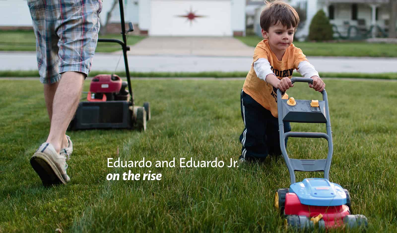 boy pushing toy lawnmower, eduardo